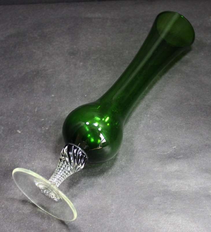 Green Glass Bud Vase with Scrolled Stem