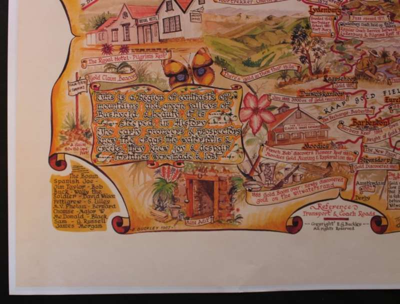 The Discovery Of Gold In The Transvaal 1870-1888 Pictorial Map by E Buckley 1987 Print
