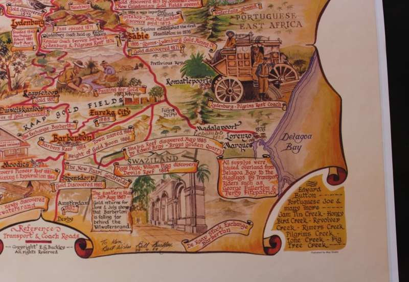 The Discovery Of Gold In The Transvaal 1870-1888 Pictorial Map by E Buckley 1987 Print