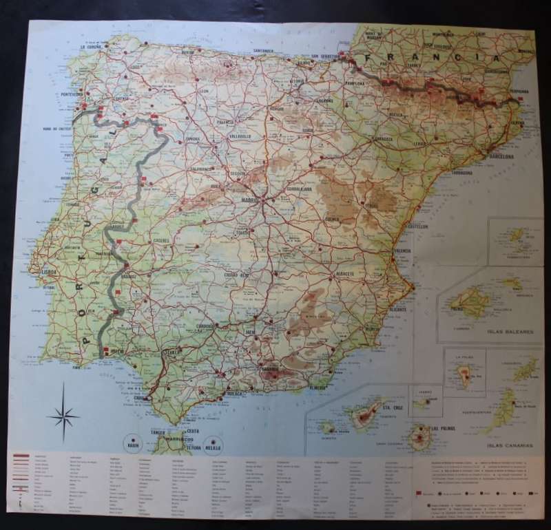 Vintage Map of the Iberian Peninsula Map of Spain and Portugal 1971, Folded, Medium sized.