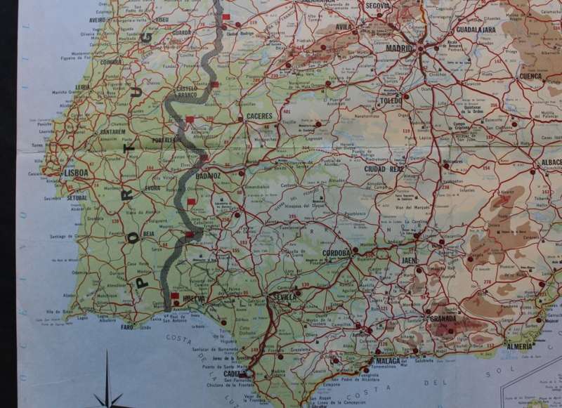 Vintage Map of the Iberian Peninsula Map of Spain and Portugal 1971, Folded, Medium sized.