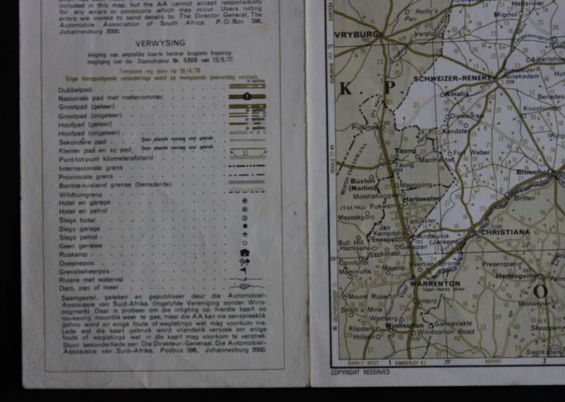 Vintage AA Folded Road Map of the Transvaal 1978