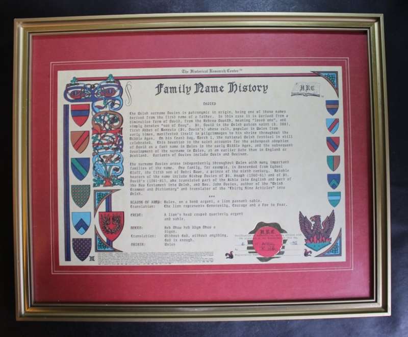 Davies Family Crest and History, Framed Picture