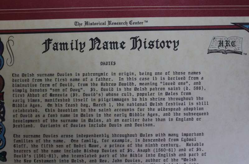 Davies Family Crest and History, Framed Picture