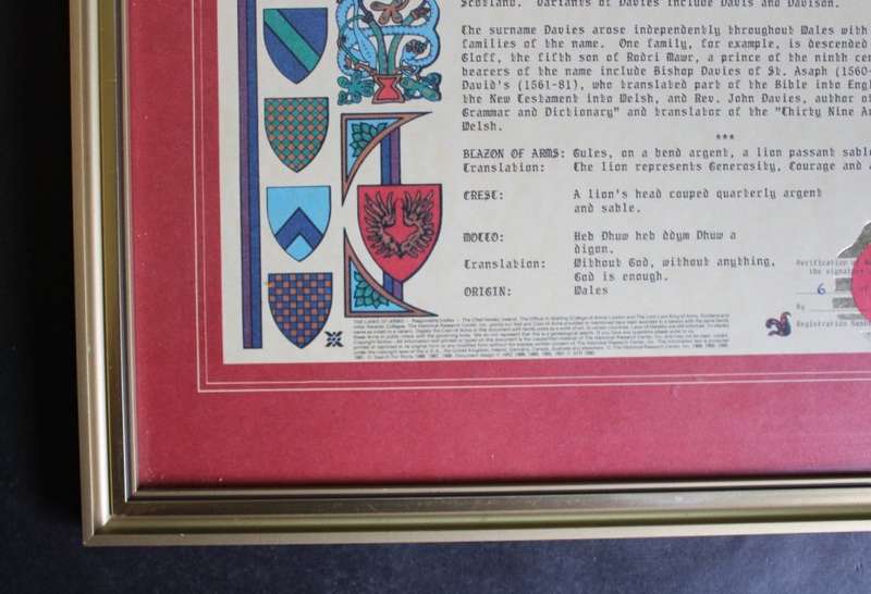 Davies Family Crest and History, Framed Picture