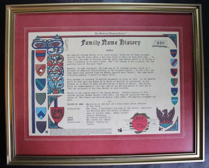 Barnes Family Name Crest and History, Framed Picture.
