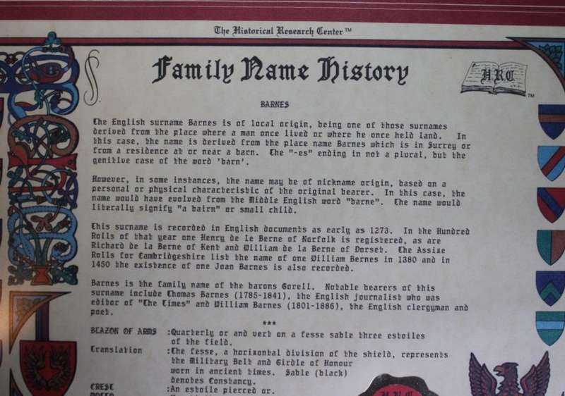 Barnes Family Name Crest and History, Framed Picture.