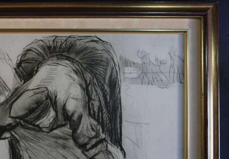 `Peasant Woman, Picking Up a Sheaf of Grain` by Vincent van Gogh, Framed Print.