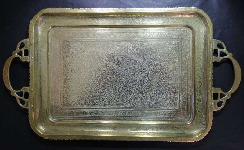 Vintage Engraved Small Brass Tray with Handles, Made In India