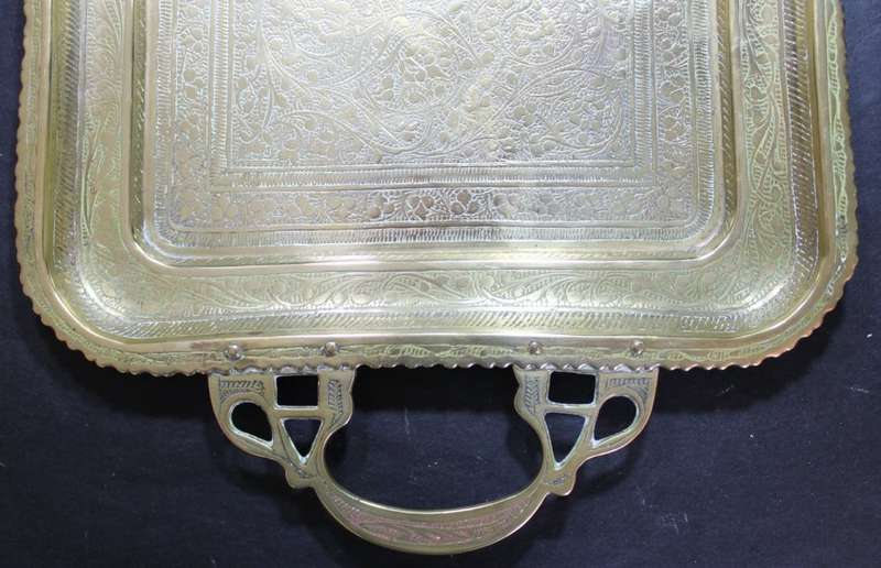 Vintage Engraved Small Brass Tray with Handles, Made In India