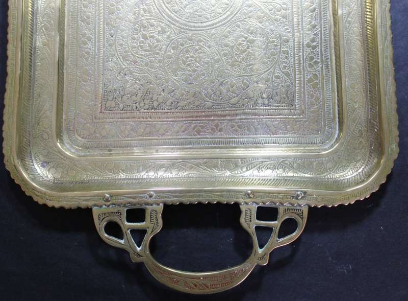 Vintage Engraved Small Brass Tray with Handles, Made In India