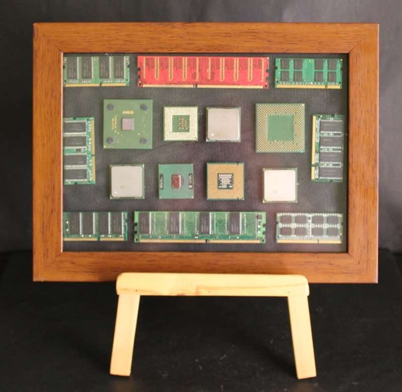 Vintage CPU`s and RAM in Picture Frame with Wooden Easel Stand