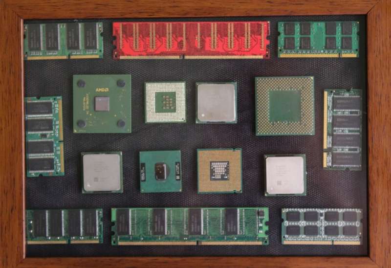 Vintage CPU`s and RAM in Picture Frame with Wooden Easel Stand