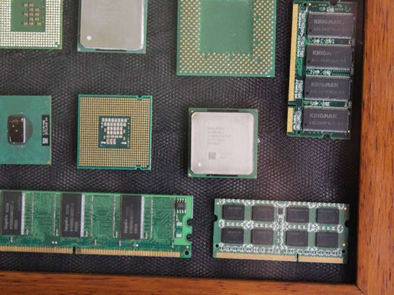 Vintage CPU`s and RAM in Picture Frame with Wooden Easel Stand