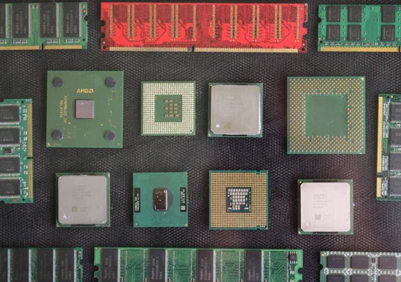 Vintage CPU`s and RAM in Picture Frame with Wooden Easel Stand