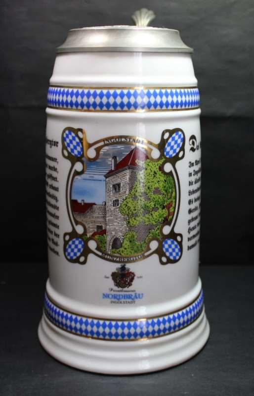 Nordbrau Ingolstadt 1L Beer Stein Mug with Pewter Lid.