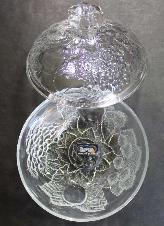 Pasabache Candy Glass Bowl with Lid, Gardenia Pattern, Made In Turkey.