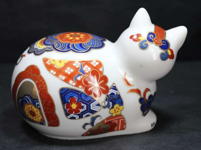 Colourfully Decorated Porcelain Ornamental Cat from Japan