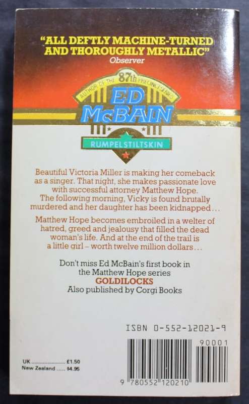 Ed McBain Rumpelstiltskin a Matthew Hope Novel Softcover Book