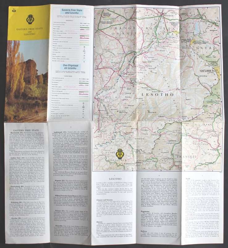 Vintage Folded AA Road Maps - Eastern Free State and Lesotho 1971