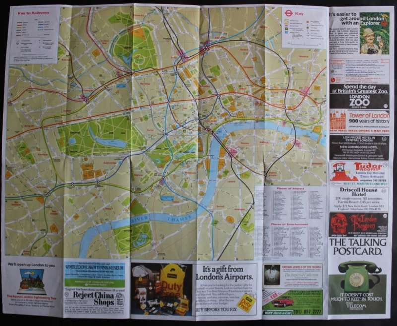 Vintage Folded Map of London Transport`s Bus, Tube and Street Map of London 1983