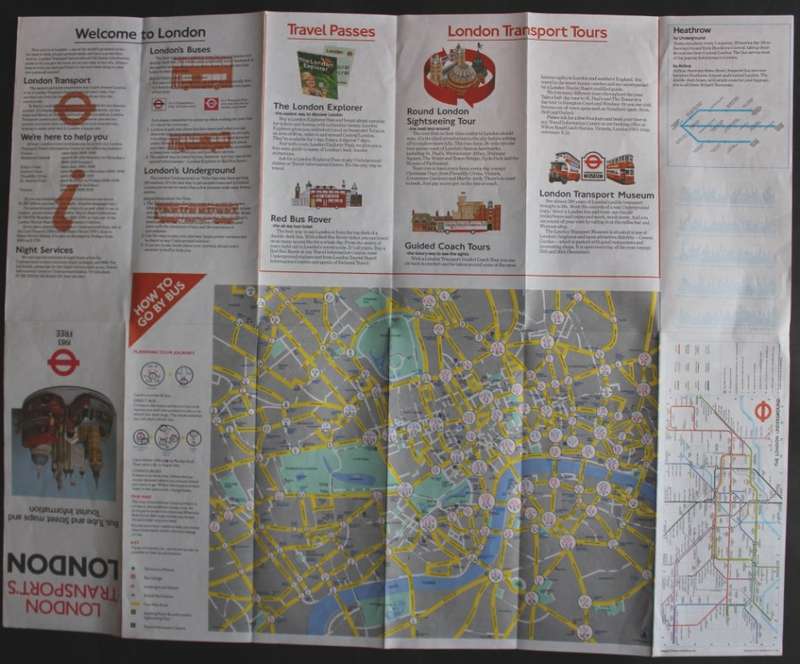 Vintage Folded Map of London Transport`s Bus, Tube and Street Map of London 1983