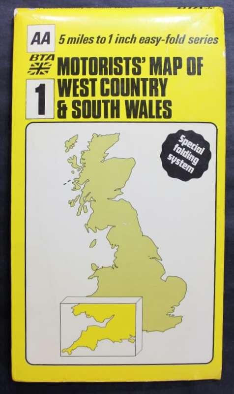 Vintage Folded Map Motorists` Map of West Country & South Wales, #1 First Edition 1977.
