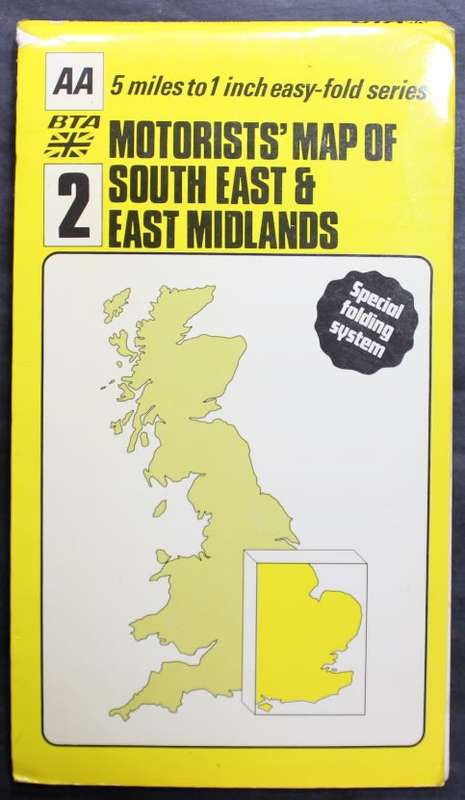 Vintage Folded Map Motorists` Map of South East & East Midlands, #2 First Edition 1977