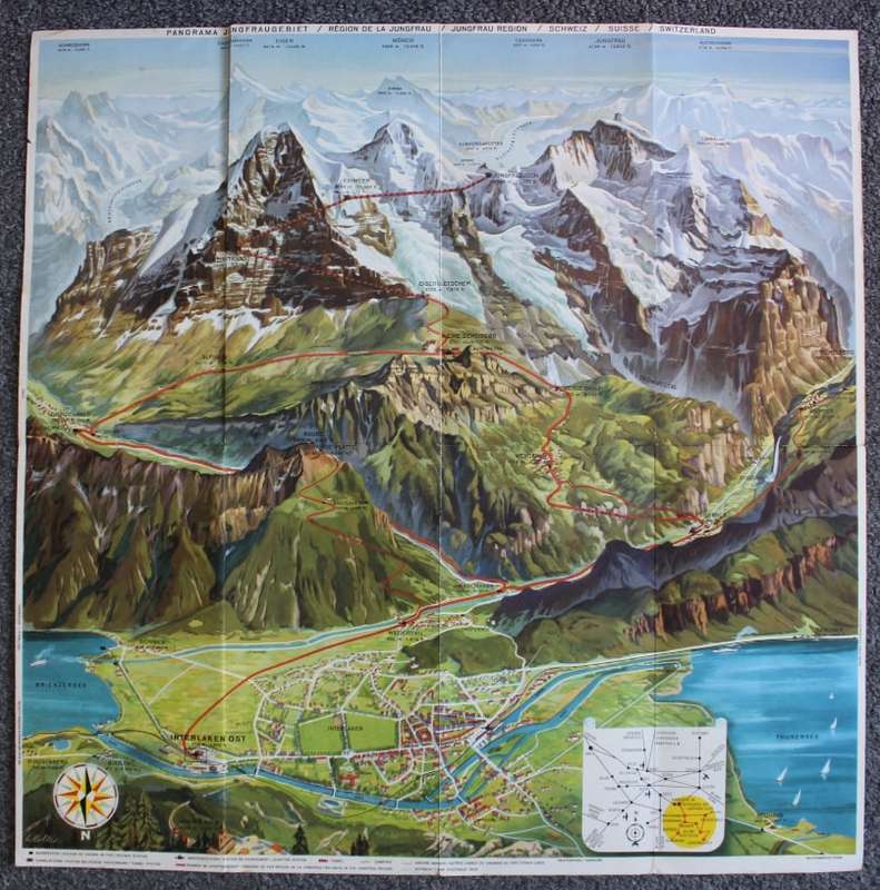 Vintage Panorama Folded Map of Jungfraujoch Peak Switzerland