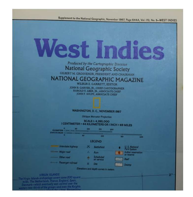 National Geographic Folded Map of the West Indies Nov 1987.