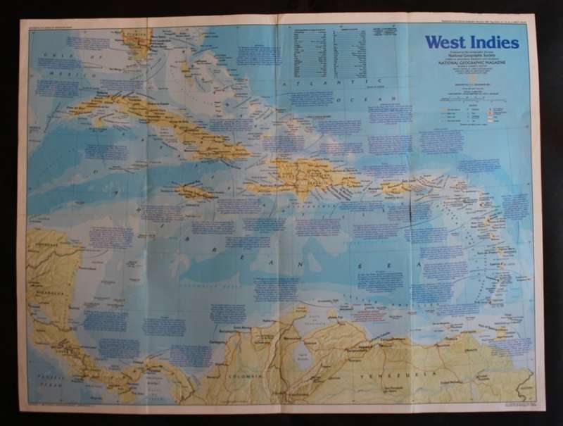 National Geographic Folded Map of the West Indies Nov 1987.