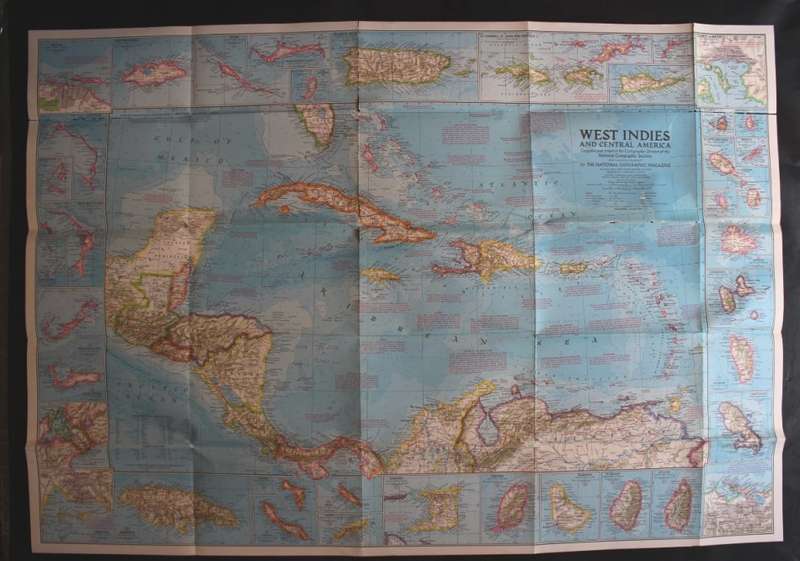 Vintage National Geographic Folded Map of Central America and the West Indies Jan 1970