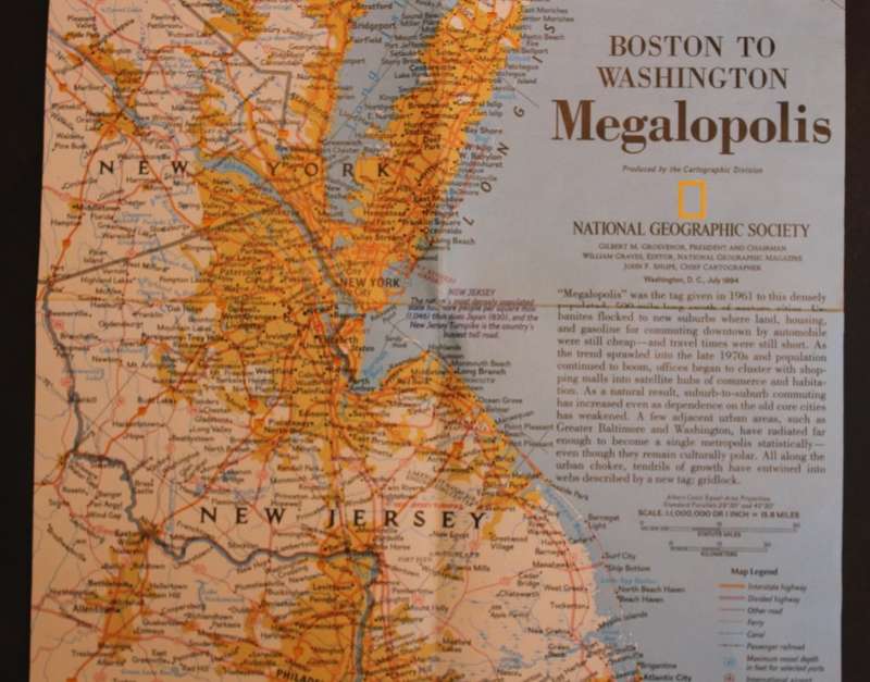 National Geographic Folded Map of The Megalopolis Boston to Washington July 1994