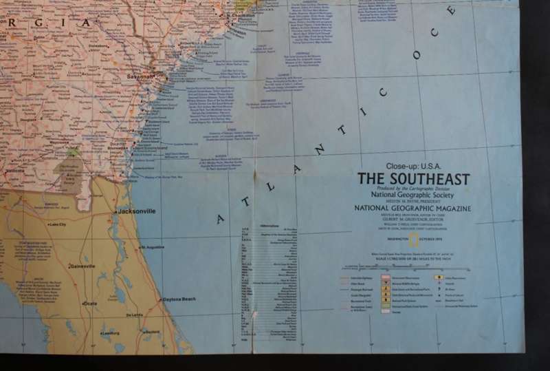 National Geographic Folded Map of The South East USA Oct 1975