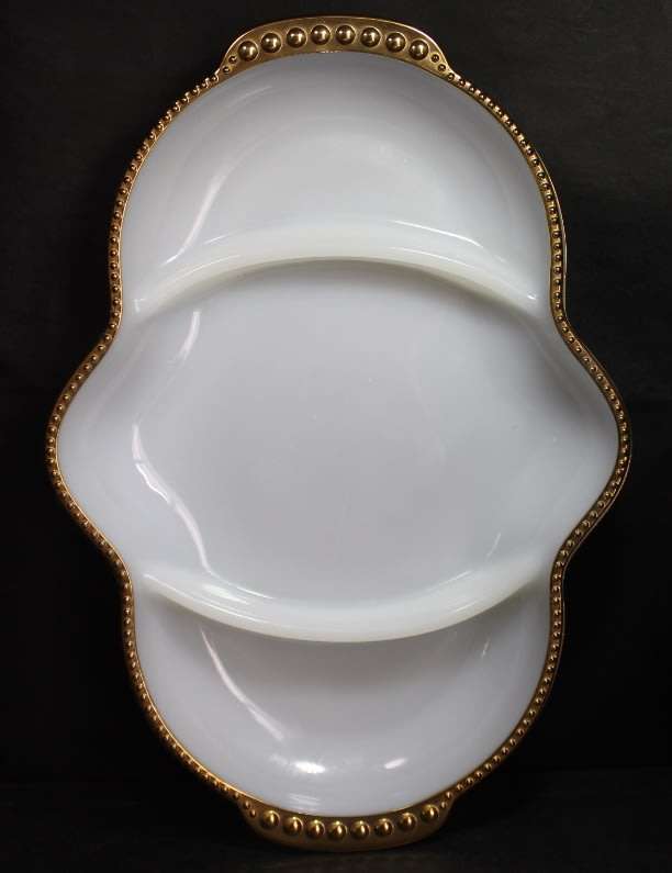 Vintage Fire-King Oven Ware USA 3 Section Serving Dish White Milk Glass with Gold Trim