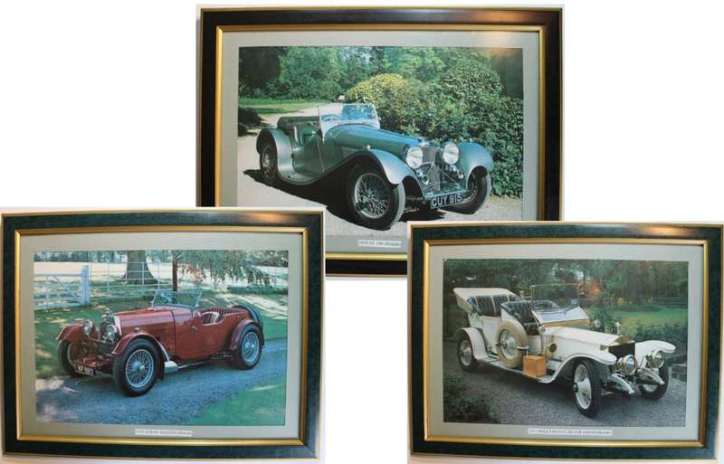 Set of 3 Vintage Cars Framed Pictures Rolls Royce, Swallows Sidecars and Aston Martin.