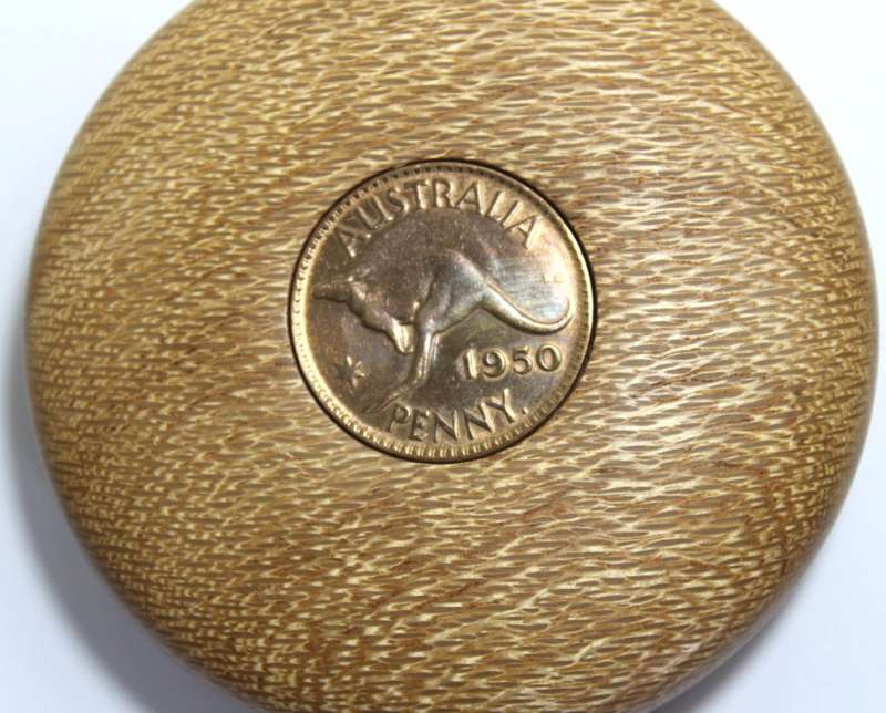 Geoff Baker Australia 1950 1 Penny in Silky Oak Wood Display Paperweight