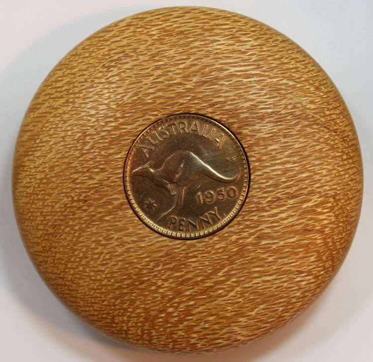 Geoff Baker Australia 1950 1 Penny in Silky Oak Wood Display Paperweight