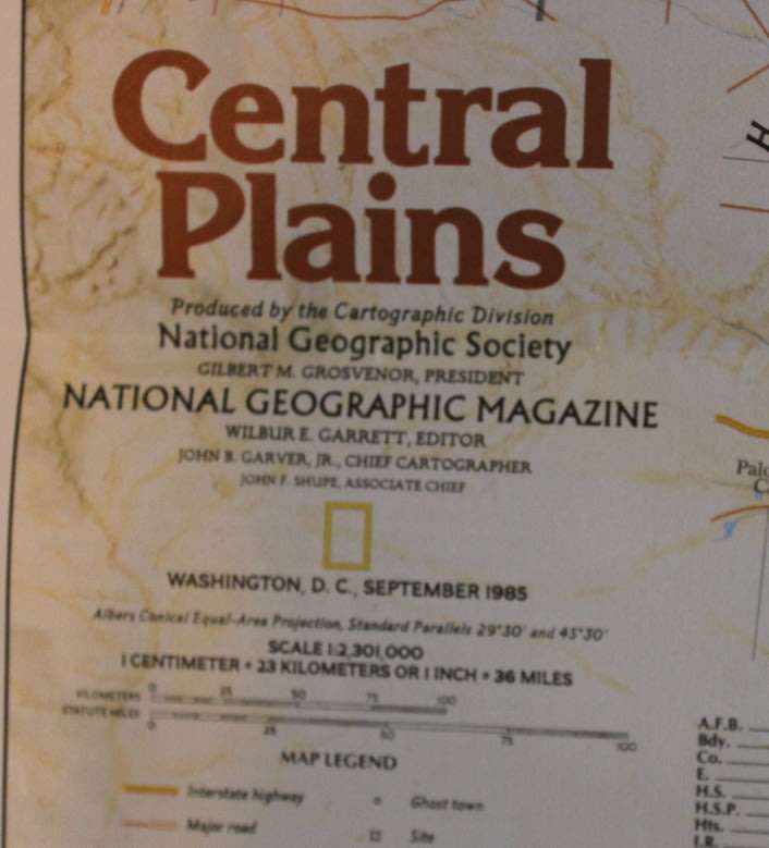 National Geographic Folded Map of The Central Plains of the USA September 1985