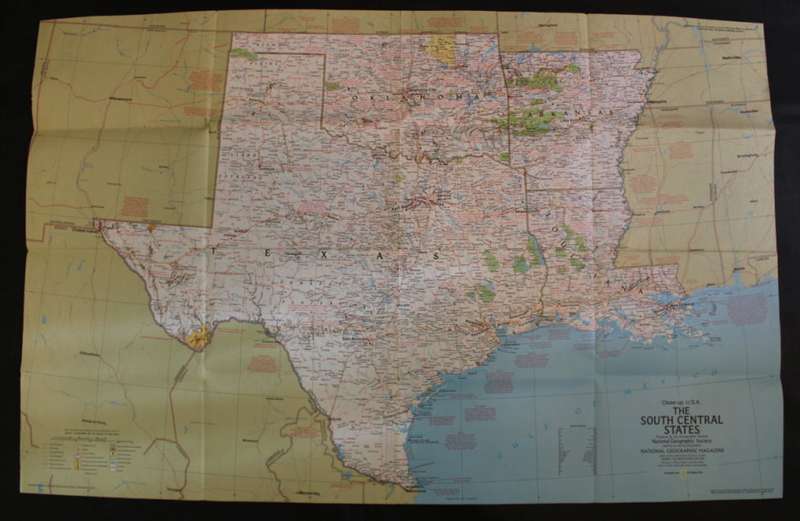 National Geographic Folded Map of The South Central States of the USA, Oct 1974