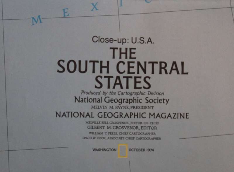 National Geographic Folded Map of The South Central States of the USA, Oct 1974