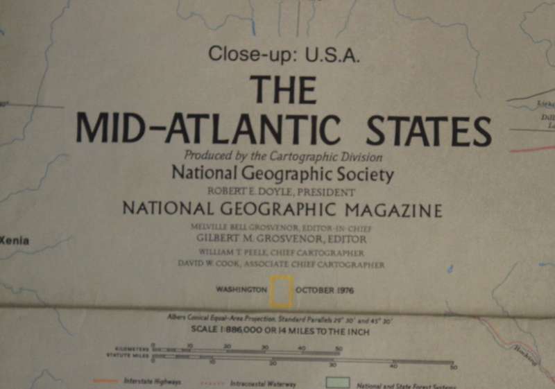 National Geographic Folded Map of the Mid-Atlantic States of America, October 1976