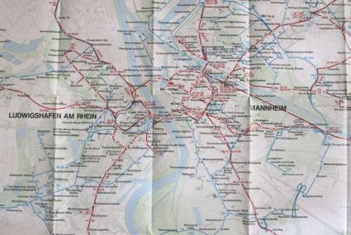 Map of Mannheim and Ludwigshafen Transport Network Sept 1987, Folded Map