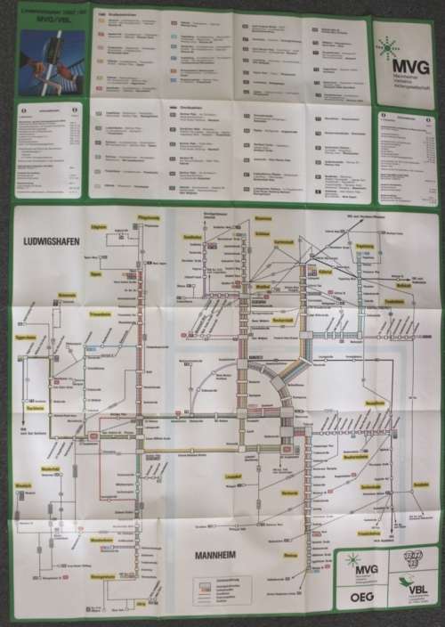 Map of Mannheim and Ludwigshafen Transport Network Sept 1987, Folded Map
