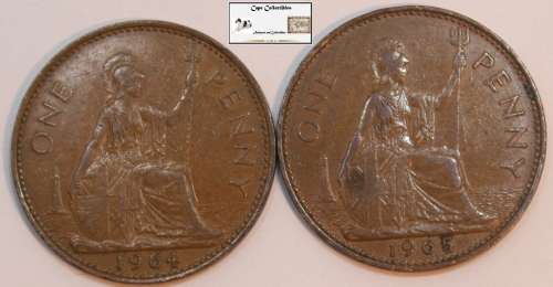 United Kingdom 1 Penny Coin 1964 and 1965 (Two Coins) Circulated