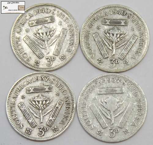 South Africa 3 Pence 1937x2 / 1940x2 Coin (Four) F12