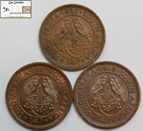 South Africa 1/4 Penny Coin 1957x2 and 1959x1 (Three Coins) Farthing Circulated