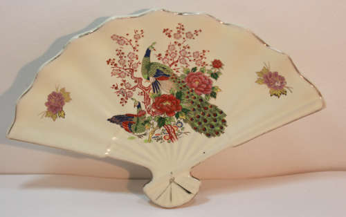 Japanese Fan Porcelain Trinket Dish `Peacock and Hen`