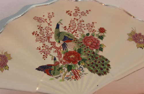 Japanese Fan Porcelain Trinket Dish `Peacock and Hen`