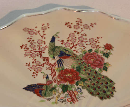 Japanese Fan Porcelain Trinket Dish `Peacock and Hen`
